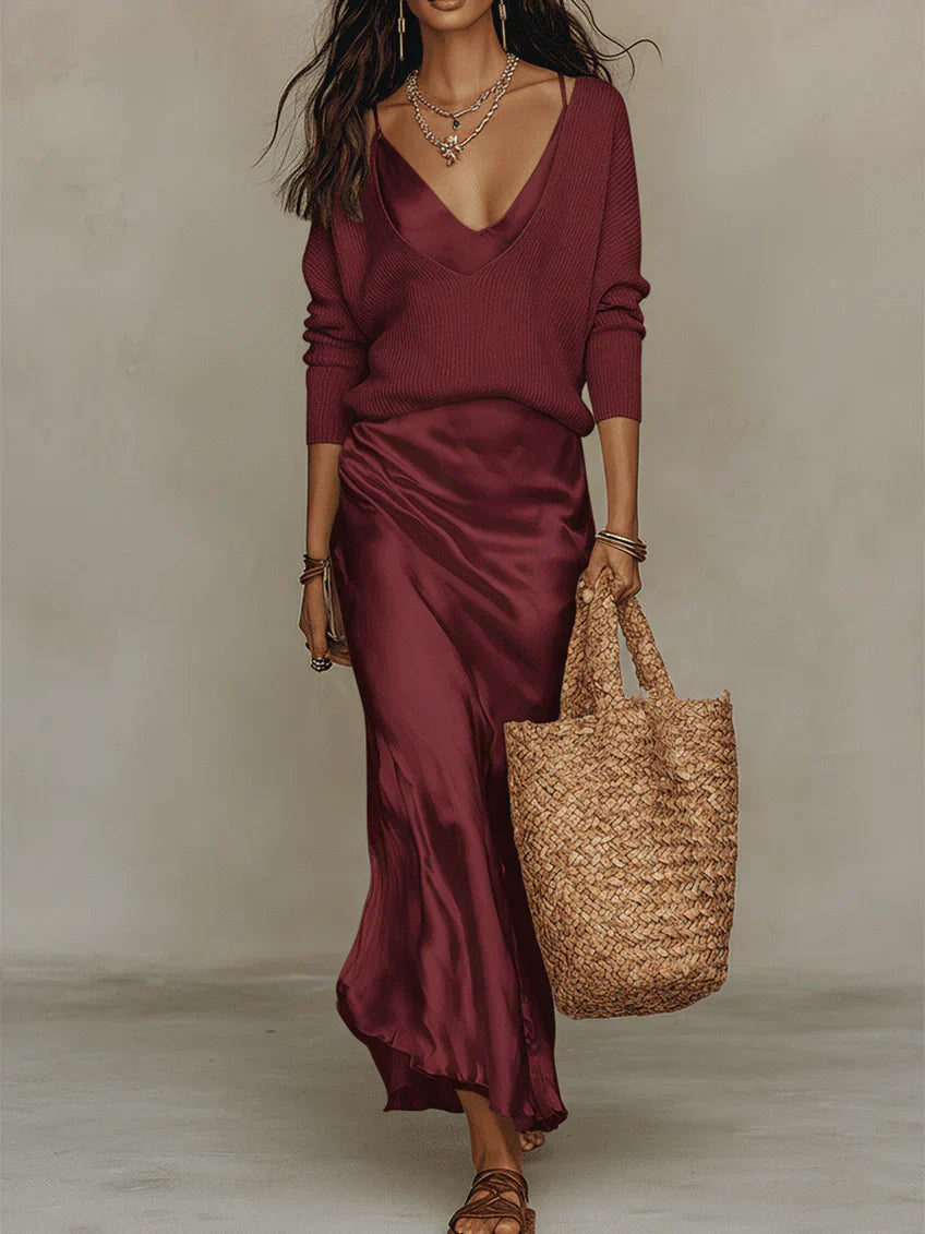 Ginevra | Abito Midi Satinato con Maglione Incluso